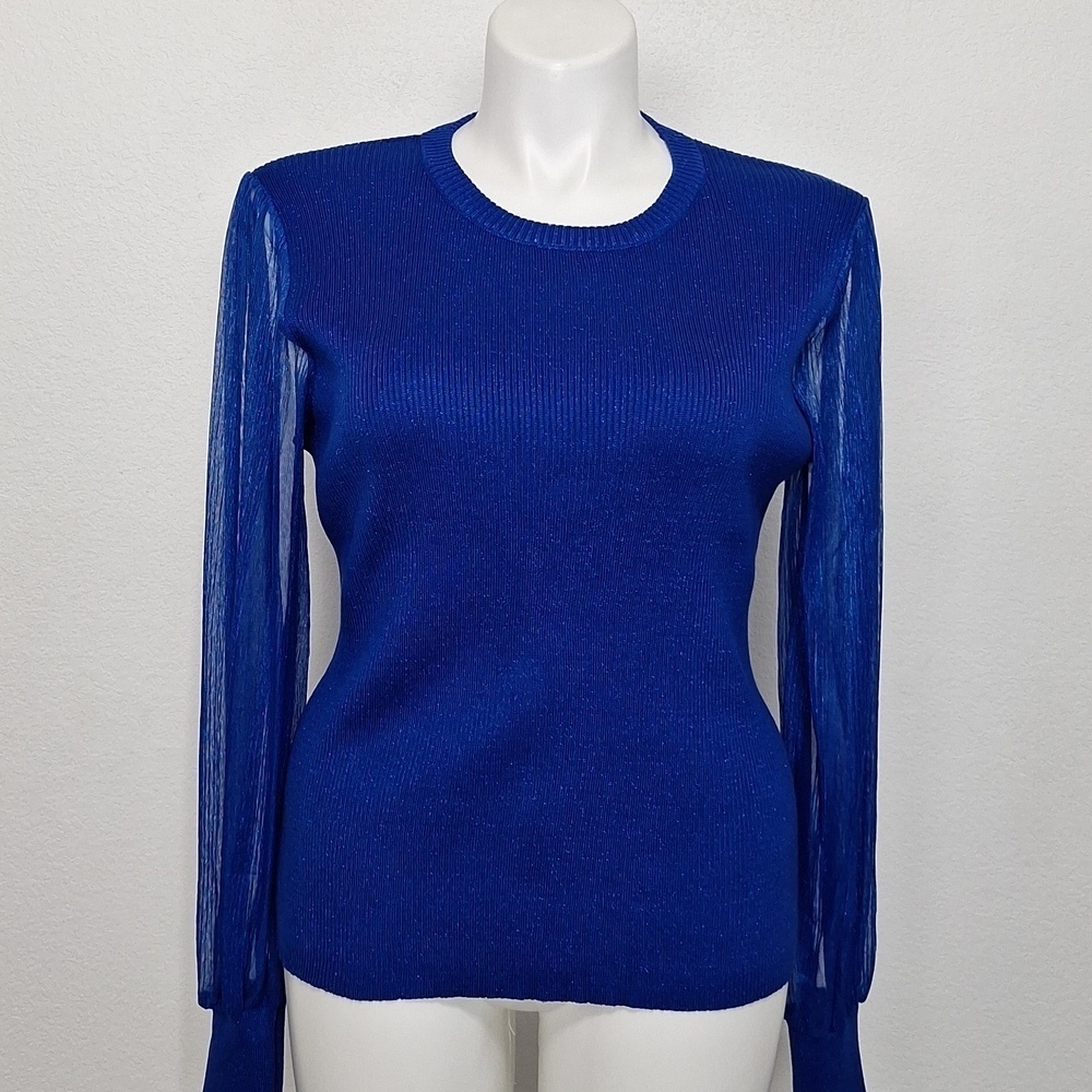 Cato NEW Brilliant Metallic Blue Sheer Sleeve Ribbed Pullover Sweater Size 18/20